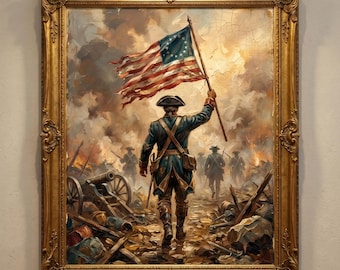 Lámina de soldado de la Guerra de Independencia, pintura al óleo impresionista vintage, arte mural patriótico con la bandera de Betsy Ross.