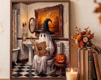 Peut inclure: Une impression d'art murale encadrée représentant un fantôme blanc portant un chapeau de sorcière noir, assis sur des toilettes dans une salle de bain en lisant un journal intitulé Daily Spooks Halloween Edition. Une citrouille sculptée est posée sur un petit tabouret en bois.