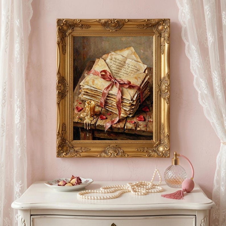 Embrace the ultimate romantic aesthetic. Staged in an ornate gold frame against a soft pink backdrop, this vintage love letters print perfectly complements a Coquette, Soft Girl, or Victorian-inspired bedroom. Pair it with lace, pearls, and vintage trinkets to create your own enchanting, nostalgic vanity corner