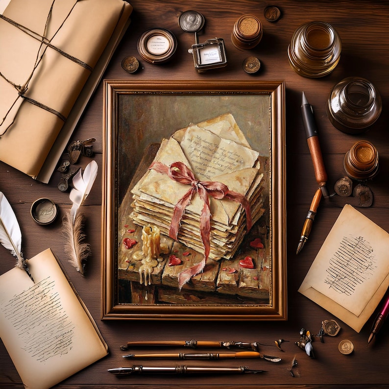 dark academia artvintage love letterscoquette room decormoody oil paintingromantic wall artantique poster printgothic romance decorgift for book loverscottagecore printliterary wall decorpink bow wall artvintage printablebedroom wall art