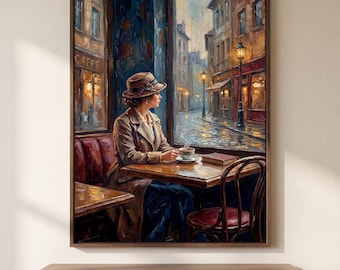 Peut inclure: Une peinture à l'huile représentant une personne portant un chapeau et un manteau marron, assise à une table de café en bois près d'une fenêtre. Une tasse de café fumante et un livre sont posés sur la table. Une rue pluvieuse est éclairée.
