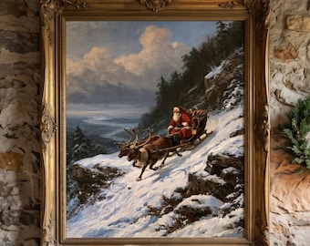 Peut inclure: Une peinture à l'huile encadrée représentant le Père Noël en costume rouge sur un traîneau en bois tiré par deux rennes sur une pente enneigée. La scène montre un ciel nuageux, une vallée lointaine et des sapins dans un cadre doré orné.
