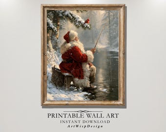 Vintage Christmas Oil Painting, Santa Claus Fishing on Ice, Rustic Winter Wall Art (Digital Download)