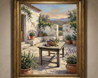 Peinture à l'huile en impasto représentant une terrasse méditerranéenne, des figues et des olives, décoration murale rustique pour la cuisine.