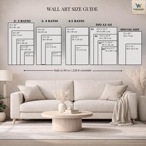 K&ouml;nnte beinhalten: Eine Wandkunst-Gr&ouml;&szlig;entabelle mit verschiedenen Seitenverh&auml;ltnissen und Ma&szlig;en in Zoll und Zentimetern, platziert &uuml;ber einem beigen Sofa. Der Text enth&auml;lt Beschriftungen f&uuml;r 2:3, 3:4, 4:5, ISO A1-A4 sowie spezielle Gr&ouml;&szlig;enangaben.