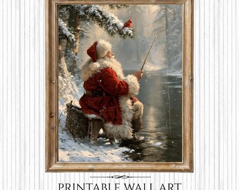 Vintage Christmas Oil Painting, Santa Claus Fishing on Ice, Rustic Winter Wall Art (Digital Download)