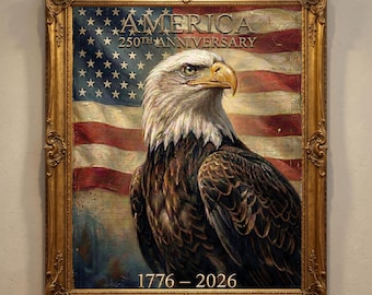 Peut inclure: Tableau encadré représentant un aigle chauve devant le drapeau américain. L'œuvre commémore le 250e anniversaire de l'Amérique, avec les années 1776-2026 en bas. Le cadre est doré et orné.