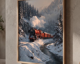 Peut inclure: Une impression d'art murale encadrée représentant une locomotive à vapeur rouge circulant sur des rails dans un paysage hivernal enneigé avec des pins et un ruisseau. Le train émet de la fumée blanche dans l'air froid, devant des montagnes.