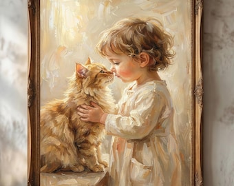 Enfant avec chat, oeuvre d'art pour chambre d'enfant, peinture à l'huile vintage (téléchargement numérique)