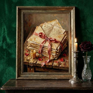 Indulge in the deep drama of dark romanticism. Framed in a majestic antique silver border against a luxurious emerald velvet backdrop, this vintage love letters print is accompanied by a flickering candle and a single dark rose. A breathtaking statement piece for gothic bedrooms, Victorian parlors, or moody reading corners