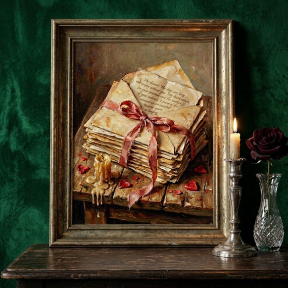 Vintage Love Letters Oil Painting Print, Dark Academia Romantic Poster (Digital Download)