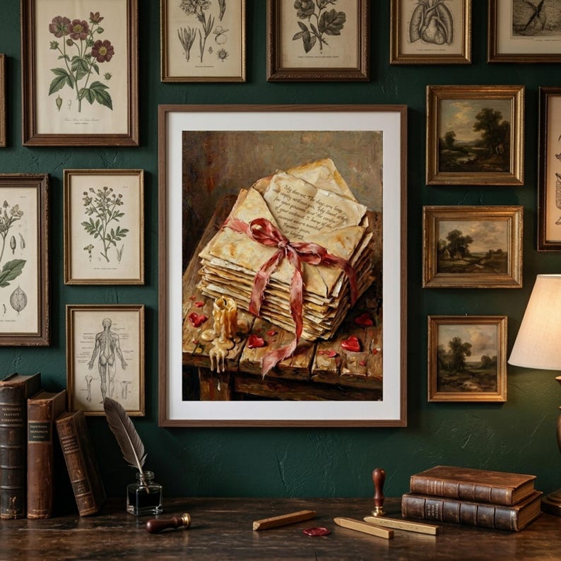 The ultimate centerpiece for your dark academia gallery wall. Set against a rich emerald green backdrop and surrounded by vintage botanical prints, this antique love letters artwork brings a moody, intellectual depth to your home library, study, or workspace. Elevate your curation with a touch of gothic romance