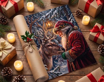 Vintage Santa and Reindeer Digital Wall Art Traditional Christmas Oil Painting Printable Holiday Decor