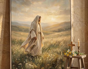 Tableau à l'huile représentant Jésus marchant parmi les fleurs sauvages, une œuvre d'art murale représentant le Christ serein, une décoration religieuse pour la maison.