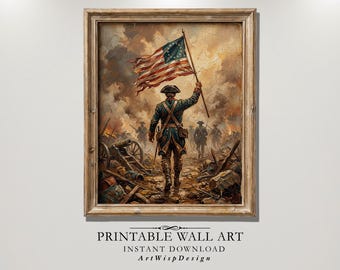 Revolutionary War Soldier Print, Vintage Impressionist Oil Painting, Betsy Ross Flag Patriotic Wall Art