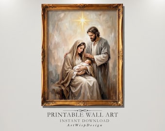 Nativity Scene Oil Painting Print, Holy Family Portrait, Beige Art (Digital Download)