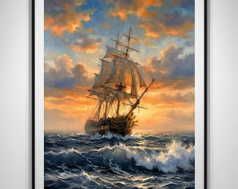 May include: A framed painting of a tall ship sailing on a turbulent sea. The ship's sails are billowing in the wind, and the sky is filled with orange and blue clouds. The artwork evokes a sense of adventure and maritime history.