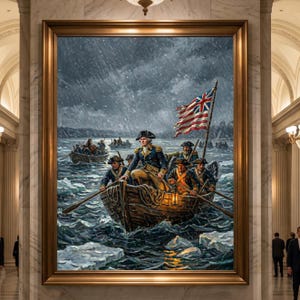 Peut inclure: Peinture encadrée représentant George Washington et des soldats traversant une rivière en bateau. La scène orageuse montre des icebergs, un drapeau flottant et des personnages en costumes d'époque. L'œuvre est exposée dans un grand hall aux murs de marbre.