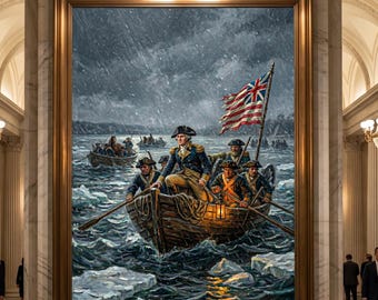 Peut inclure: Peinture encadrée représentant George Washington et des soldats traversant une rivière en bateau. La scène orageuse montre des icebergs, un drapeau flottant et des personnages en costumes d'époque. L'œuvre est exposée dans un grand hall aux murs de marbre.