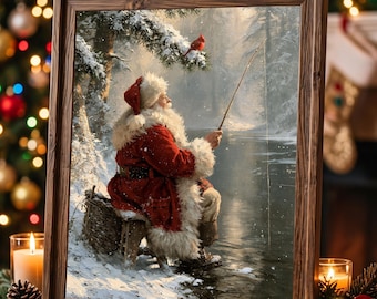 Tableau à l'huile de Noël vintage, Père Noël pêchant sur la glace, art mural rustique d'hiver (téléchargement numérique)