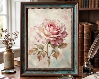 Tableau à l'huile vintage de roses roses, imprimable, art mural romantique et floral de style cottagecore