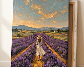Reproduction d'une peinture à l'huile représentant un champ de lavande en Provence, femme en robe blanche (Téléchargement numérique)