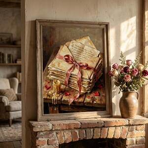 Bring a cozy, rustic warmth into your home. Beautifully styled in a distressed wooden frame above a brick fireplace, this vintage love letters print pairs effortlessly with fresh roses and sunlit spaces. Perfect for creating a comforting cottagecore or farmhouse aesthetic in your living room or reading nook