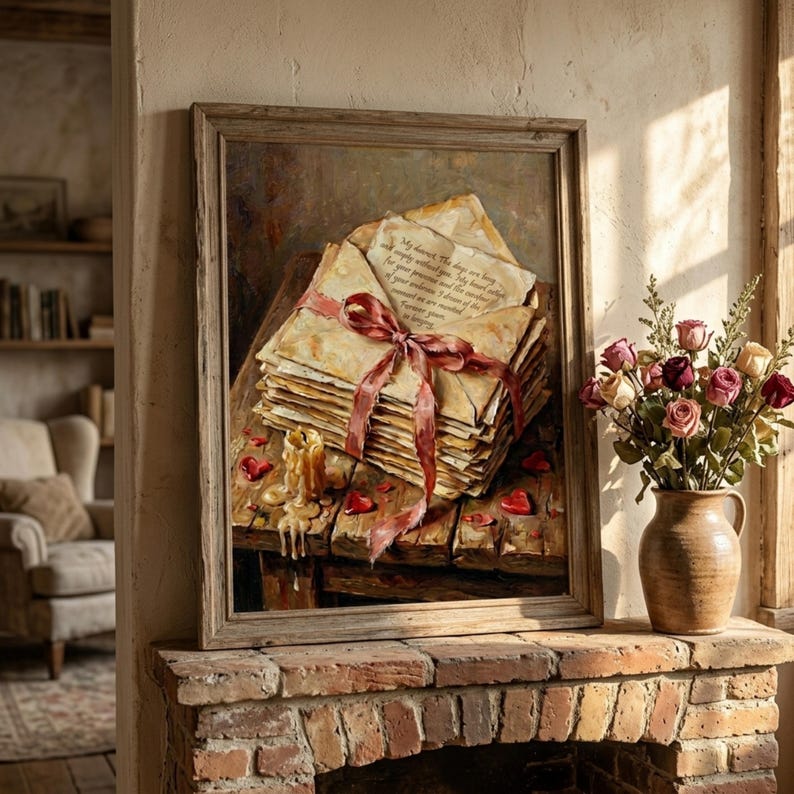 Bring a cozy, rustic warmth into your home. Beautifully styled in a distressed wooden frame above a brick fireplace, this vintage love letters print pairs effortlessly with fresh roses and sunlit spaces. Perfect for creating a comforting cottagecore or farmhouse aesthetic in your living room or reading nook
