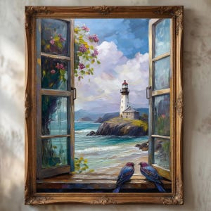 Lighthouse Wall Art Print: Open Window Ocean View - Coastal Decor