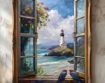Lighthouse Wall Art Print: Open Window Ocean View - Coastal Decor