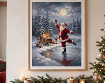 Peut inclure: Une impression d'art encadrée représentant le Père Noël patinant sur un étang gelé la nuit. Le Père Noël porte un costume rouge et des patins, tandis qu'un traîneau rempli de cadeaux et deux rennes attendent. Une pleine lune brille au-dessus.