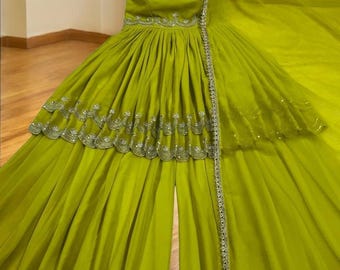 Designer Light Green Women Sharara Set for wedding, Salwar Kameez for women, Women Top Plazzo Set, Ethnic Dress,Pakistani suit for women