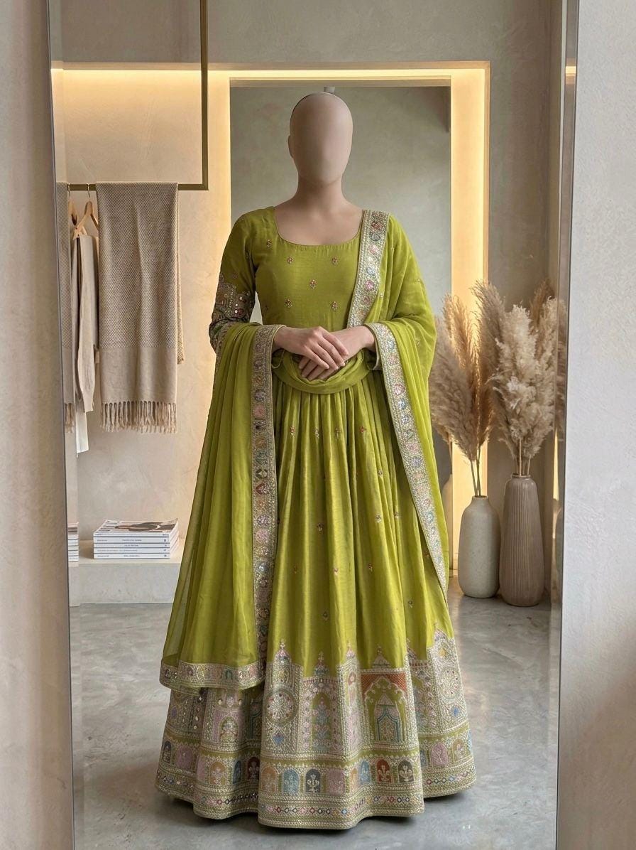 bottle green maxi dress pakistani Heavy Embroidered with Adda-Work Bottle Green Chiffon Dress (DZ18718) –  DressyZone.com main image 0
