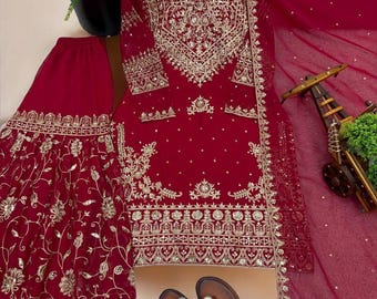 Designer Women's Red Wedding Salwar Kameez with Dupatta for Women, Sharara Suit, Top-Palazzo,Pakistani Suit, Indian Ethnic Suit