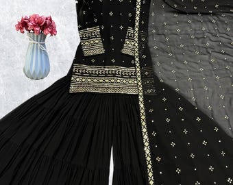 Latest Designer Black Sharara Suit Salwar Kameez with Dupatta 3pc set Readymade Stylish Pakistani suit,Embroidered Suit, Punjabi wedding dre