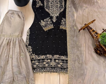 Designer Black Women Sharara Set for wedding, Salwar Kameez for women, Pakistani suit for women Women Top Plazzo Set, Ethnic Dress