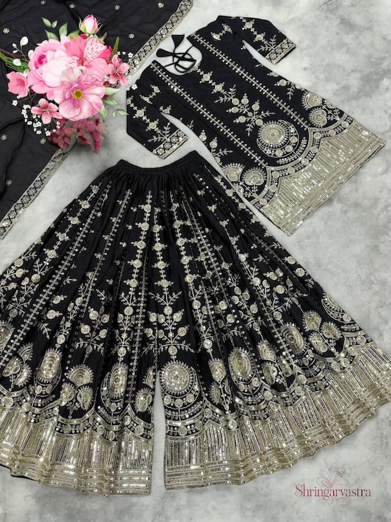 Deigner Women's Black Designer Wedding Salwar Kameez with Dupatta for Women, Sharara Suit,Black Sharara, Indian Ethnic, Pakistani Suit