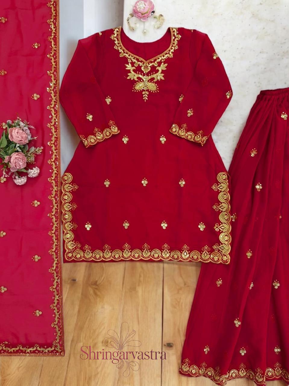 Abito da festa pakistano rosso Salwar Kameez con Dupatta, Top Palazzo, Abito elegante indiano, Abiti pakistani, Travestimenti eleganti, Abiti eleganti