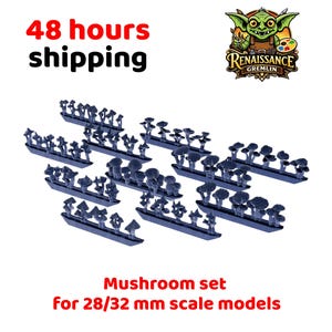 Puede incluir: Un conjunto de miniaturas de setas azul oscuro para modelos a escala 28/32 mm. La imagen incluye el texto "48 hours shipping" y "Mushroom set for 28/32 mm scale models". También es visible el logotipo de Renaissance Gremlin.