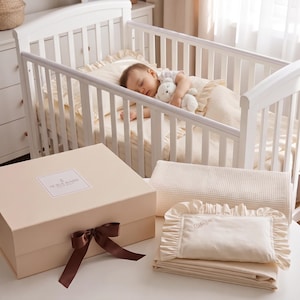 Baby Crib Bedding Set Personalized | OEKO TEX Waffle Cotton Blanket | Custom Name Embroidery Newborn Gift Pillowcase Sheet