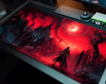 May include: A large rectangular mousepad featuring a dark fantasy scene. The design showcases a figure with a sword, silhouetted against a red sky and a gothic cityscape. The color palette is dominated by red, black, and shades of blue.