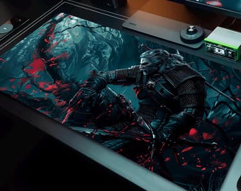 Dark Fantasy Monster Hunter Gaming Mouse Pad – The Witch Hunter Extended Desk Mat, Stitched Edges, Non-Slip Base.