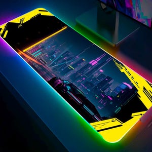 Cyberpunk City RGB LED Mouse Pad, Neon Futuristic Gaming Desk Mat, Non-Slip Base.
