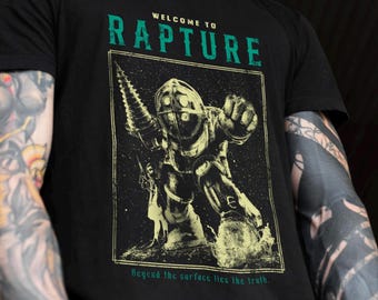 ビデオゲームの水中都市グラフィック T シャツ、レトロ ゲーム、ゲーマーへのギフト、Raptuuree 風シャツ。