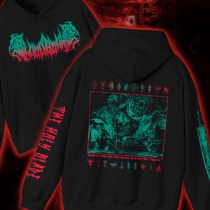 May include: A black hooded sweatshirt featuring a teal and red graphic design. The front displays stylized text, while the back showcases a detailed illustration, red text, and various symbols. One sleeve features red text and the other a teal sword.