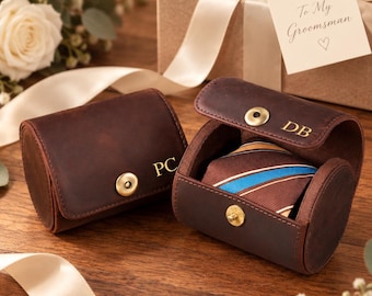 Personalized Leather Tie Roll Case, Custom Initials Tie Storage Organizer, Groomsmen Gift, Birthday Gift for Him, Wedding Gift for Best Man