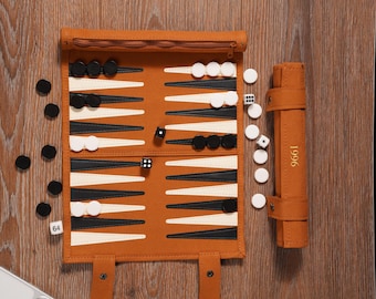 Personalized Travel Backgammon with Dice & Pieces, Custom Leather Backgammon Roll Up Board, Luxury Portable Game Set, Monogram Board Gift