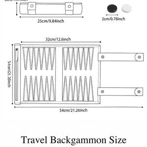 May include: Diagram of a travel backgammon set, including a rolled-up board, dice, and game pieces. The board is 54cm long when open. The dice are 1.6cm in size. The text reads "Travel Backgammon Size Components Diagram."