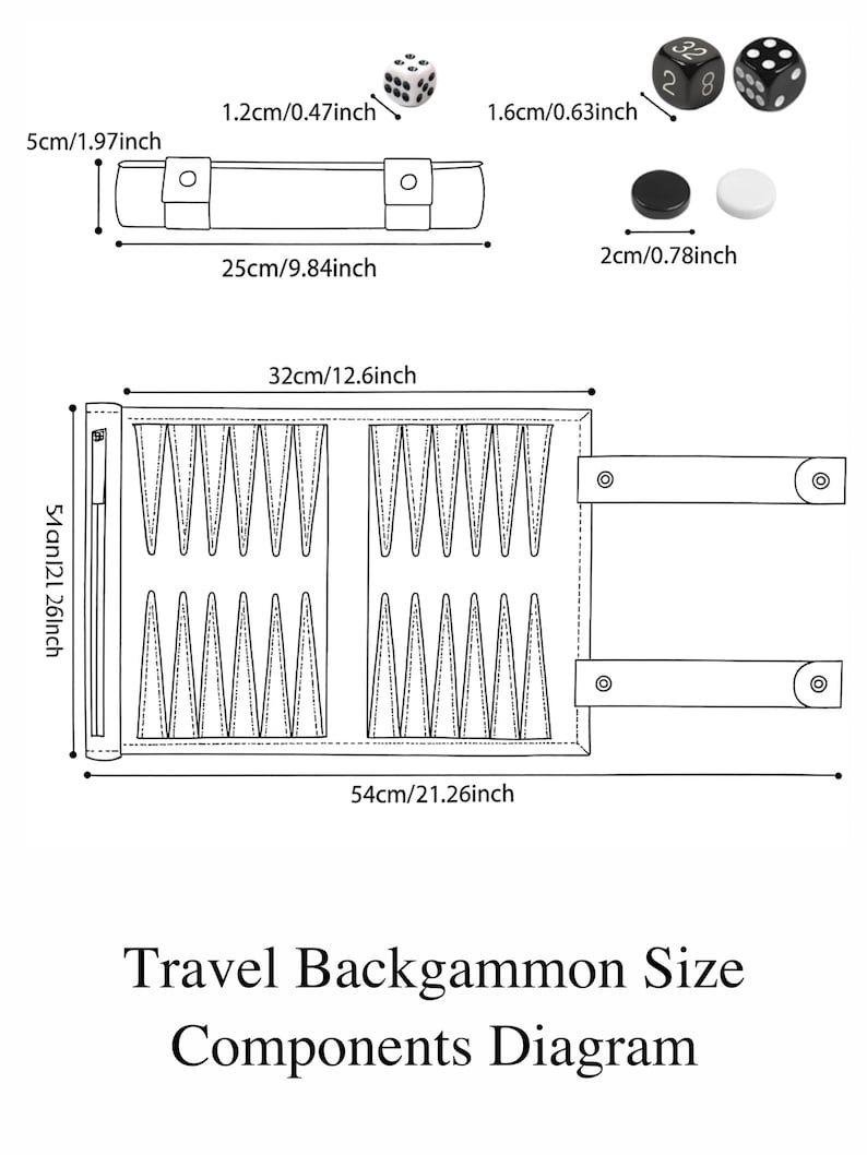 May include: Diagram of a travel backgammon set, including a rolled-up board, dice, and game pieces. The board is 54cm long when open. The dice are 1.6cm in size. The text reads "Travel Backgammon Size Components Diagram."