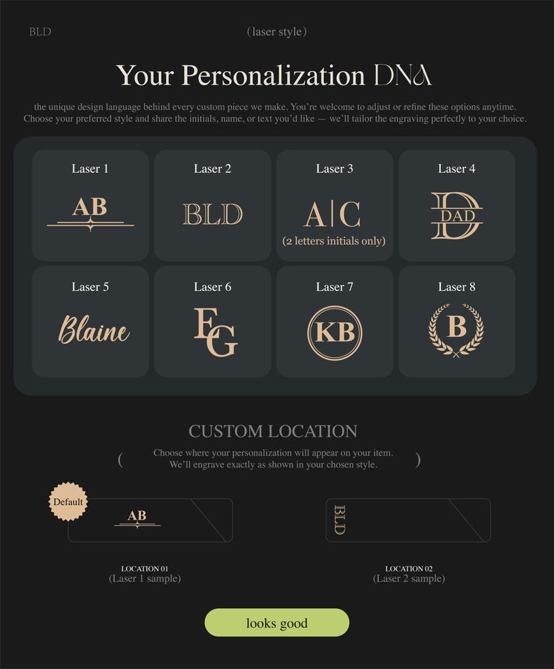 Może przedstawiać: Ciemne tło z opcjami personalizowanego grawerowania laserowego. Widoczny tekst "Your Personalization DNA". Przykłady to inicjały takie jak "AB", "BLD" i "DAD", wraz z przyciskiem "looks good".